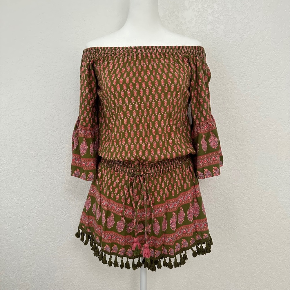 Raga Boho Romper XS Green Pink Paisley Off Shoulder Bell Sleeve Tassel Festival